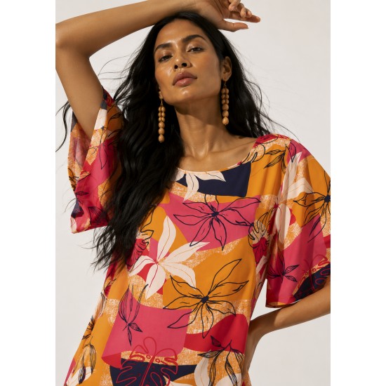 Vestido Curto Viscose com Babado Estampa Jardim Solar