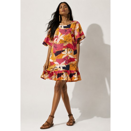 Vestido Curto Viscose com Babado Estampa Jardim Solar