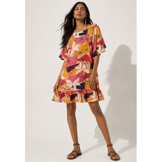Vestido Curto Viscose com Babado Estampa Jardim Solar