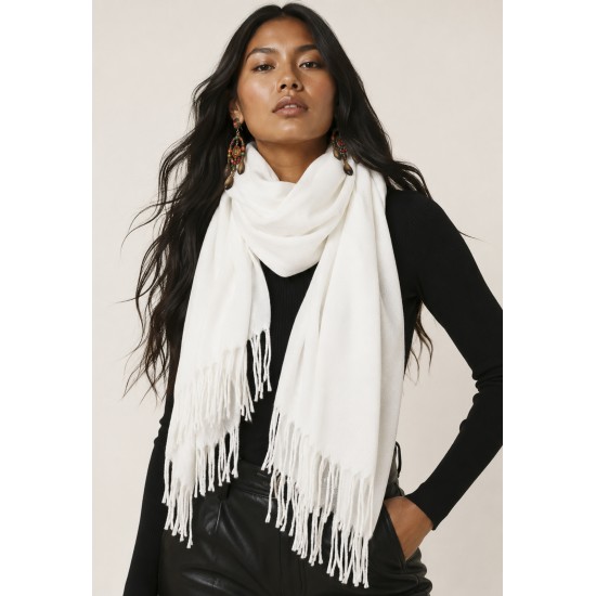Echarpe Feminina Branca com Franjas para Frio e Inverno