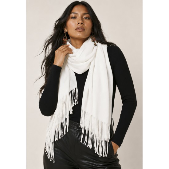 Echarpe Feminina Branca com Franjas para Frio e Inverno
