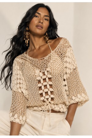 Blusa Feminina em Renda Filé Bege Artesanal Manga Ampla