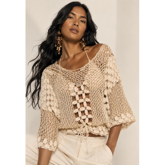 Blusa Feminina em Renda Filé Bege Artesanal Manga Ampla