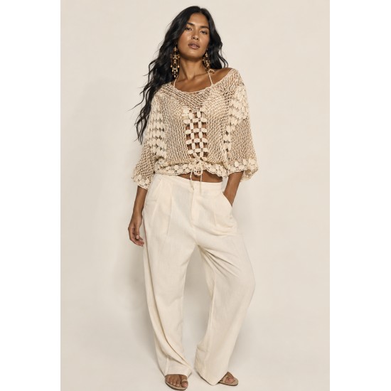 Blusa Feminina em Renda Filé Bege Artesanal Manga Ampla
