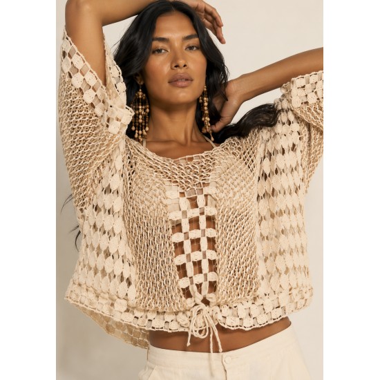 Blusa Feminina em Renda Filé Bege Artesanal Manga Ampla