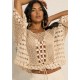 Blusa Feminina em Renda Filé Bege Artesanal Manga Ampla