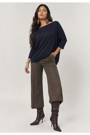 Blusa Canoa Malha Manga 3/4 Azul Marinho