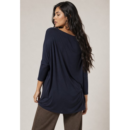 Blusa Canoa Malha Manga 3/4 Azul Marinho