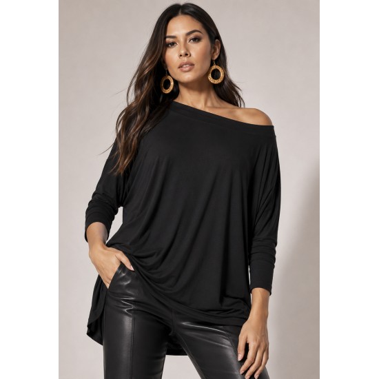 Blusa Canoa Malha Manga 3/4 Preta