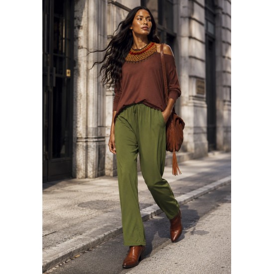 Calça Pantalona Inhambuxintã Malha Oliva Amazônico
