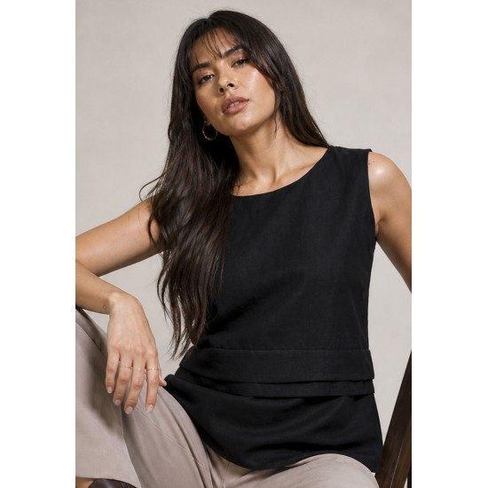Blusa Regata Linho com Viscose Babado na Cintura Raffa Preta