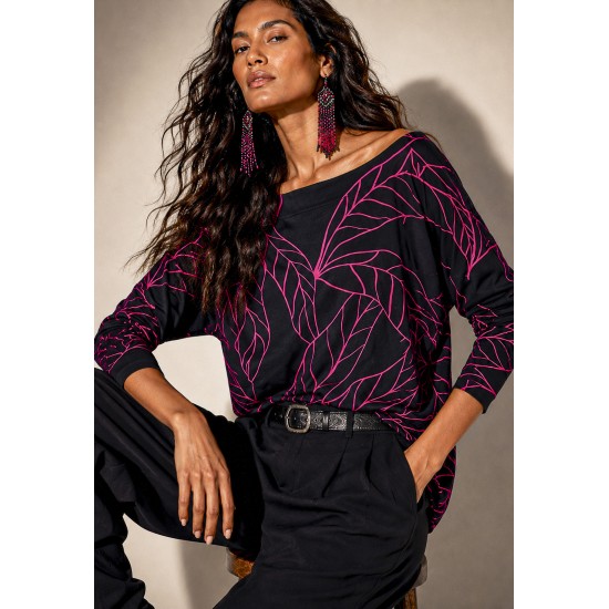 Blusa Canoa Malha Manga 3/4 Estampa Antúrios Lilás