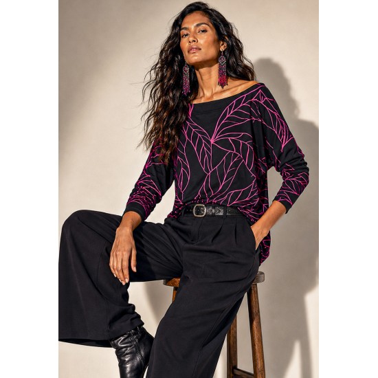 Blusa Canoa Malha Manga 3/4 Estampa Antúrios Lilás