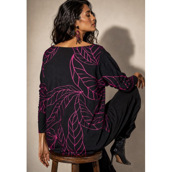 Blusa Canoa Malha Manga 3/4 Estampa Antúrios Lilás