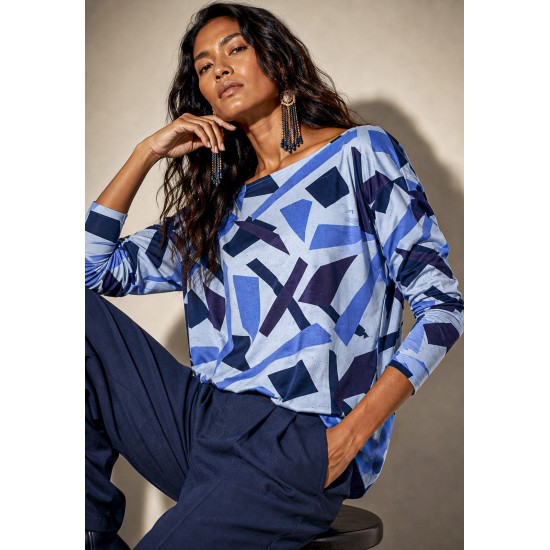 Blusa Canoa Malha Manga 3/4 Estampa Caminhos de Azul