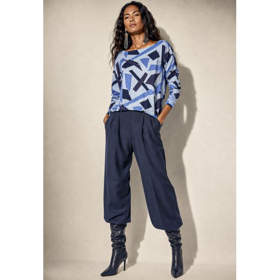 Blusa Canoa Malha Manga 3/4 Estampa Caminhos de Azul