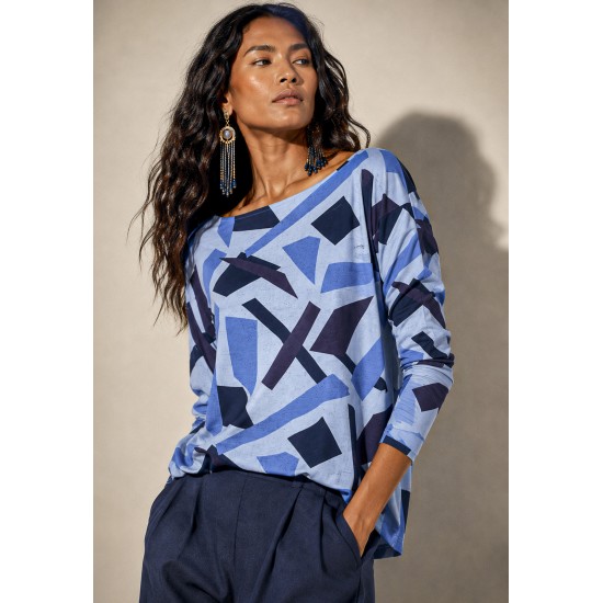 Blusa Canoa Malha Manga 3/4 Estampa Caminhos de Azul