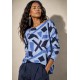 Blusa Canoa Malha Manga 3/4 Estampa Caminhos de Azul