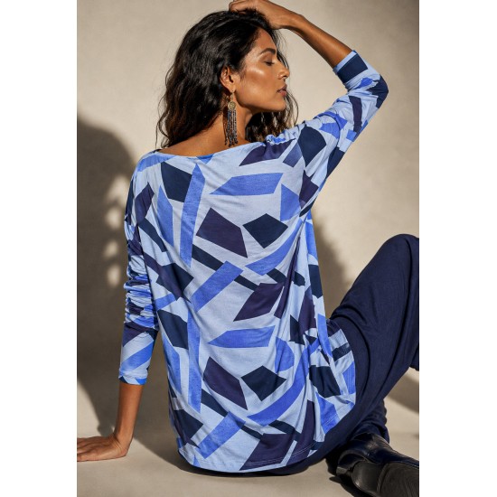 Blusa Canoa Malha Manga 3/4 Estampa Caminhos de Azul