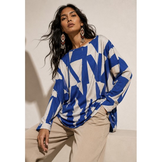Blusa Ampla Malha Morcego Manga Longa Geométrica Blue