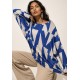 Blusa Ampla Malha Morcego Manga Longa Geométrica Blue