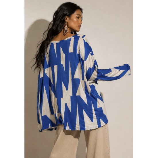 Blusa Ampla Malha Morcego Manga Longa Geométrica Blue