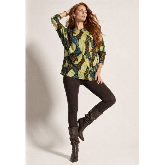 Blusa Morcego Ampla Manga 3/4 Estampa Folhas de Outono