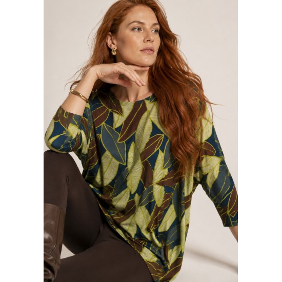 Blusa Morcego Ampla Manga 3/4 Estampa Folhas de Outono