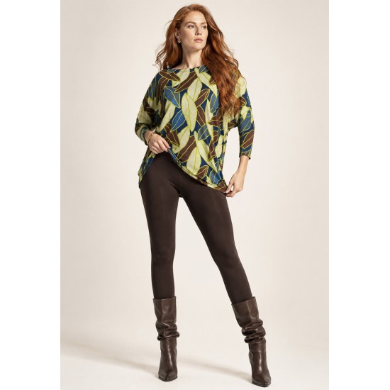 Blusa Morcego Ampla Manga 3/4 Estampa Folhas de Outono