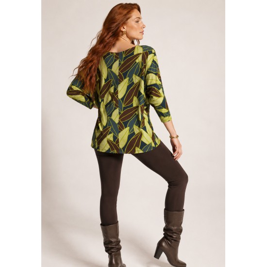 Blusa Morcego Ampla Manga 3/4 Estampa Folhas de Outono