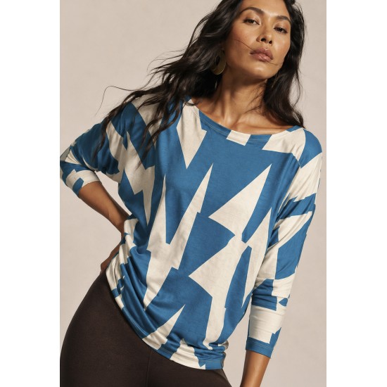 Blusa Morcego Ampla Manga 3/4 Estampa Geométrica Blue