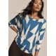 Blusa Morcego Ampla Manga 3/4 Estampa Geométrica Blue