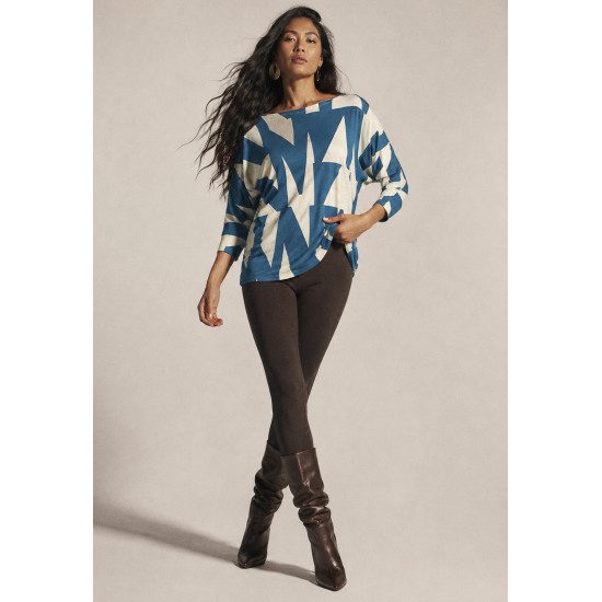 Blusa Morcego Ampla Manga 3/4 Estampa Geométrica Blue