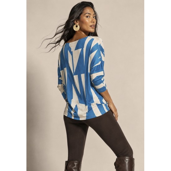Blusa Morcego Ampla Manga 3/4 Estampa Geométrica Blue