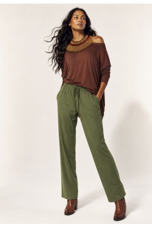 Calça Pantalona Inhambuxintã Malha Oliva Amazônico
