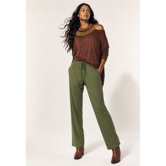 Calça Pantalona Inhambuxintã Malha Oliva Amazônico