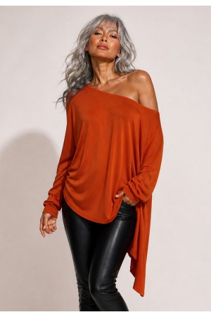 Blusa Ererê Malha Assimétrica Manga Longa Terracota