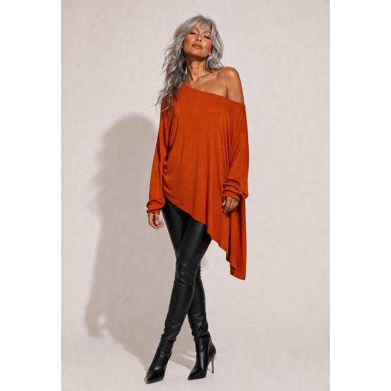 Blusa Ererê Malha Assimétrica Manga Longa Terracota