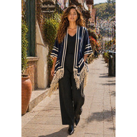 Poncho Tricot Raiz Natural Azul Marinho com Franjas