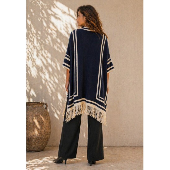 Poncho Tricot Raiz Natural Azul Marinho com Franjas