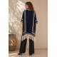 Poncho Tricot Raiz Natural Azul Marinho com Franjas