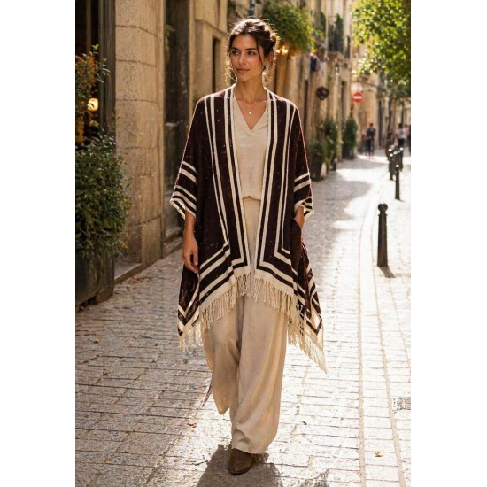 Poncho Tricot Raiz Natural Marrom com Franjas