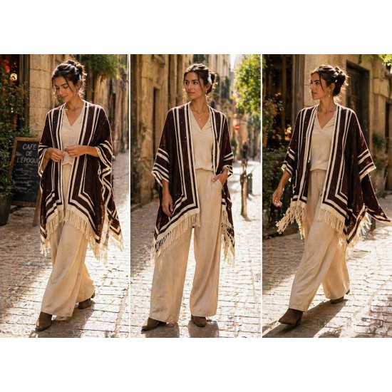 Poncho Tricot Raiz Natural Marrom com Franjas