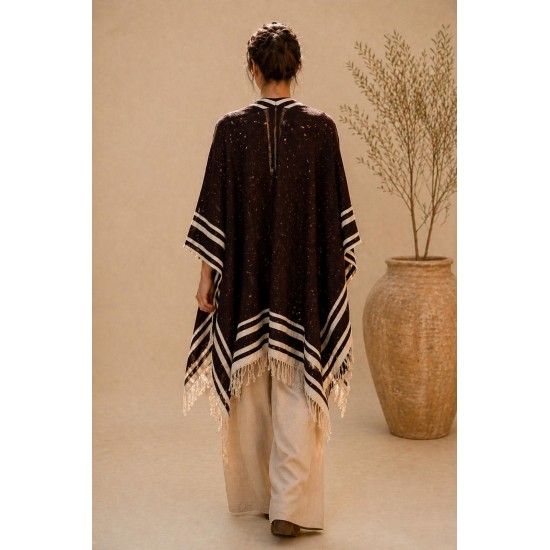 Poncho Tricot Raiz Natural Marrom com Franjas