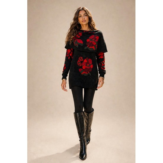 Vestido Tricot Jardim Noturno Floral Preto