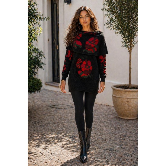 Vestido Tricot Jardim Noturno Floral Preto