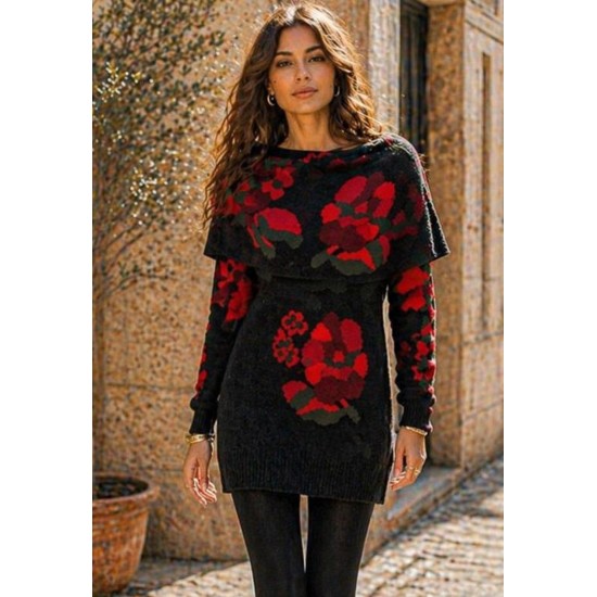 Vestido Tricot Jardim Noturno Floral Preto