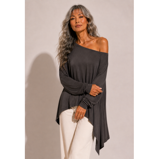 Blusa Ererê Malha Assimétrica Manga Longa Chumbo