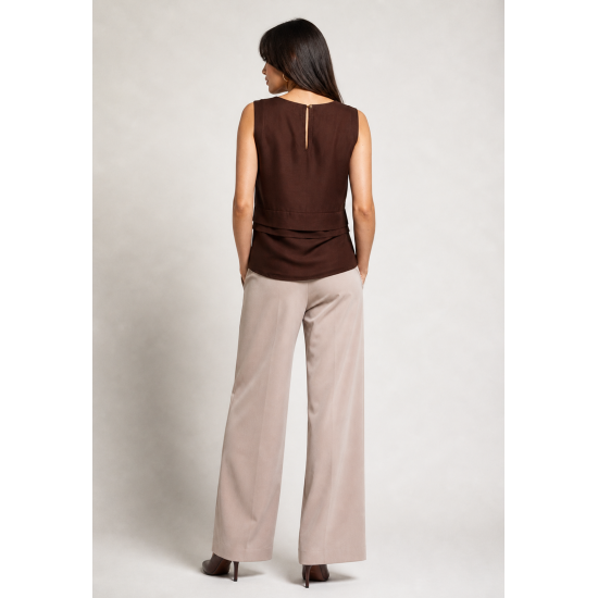 Blusa Regata Linho com Viscose Babado na Cintura Raffa Marrom