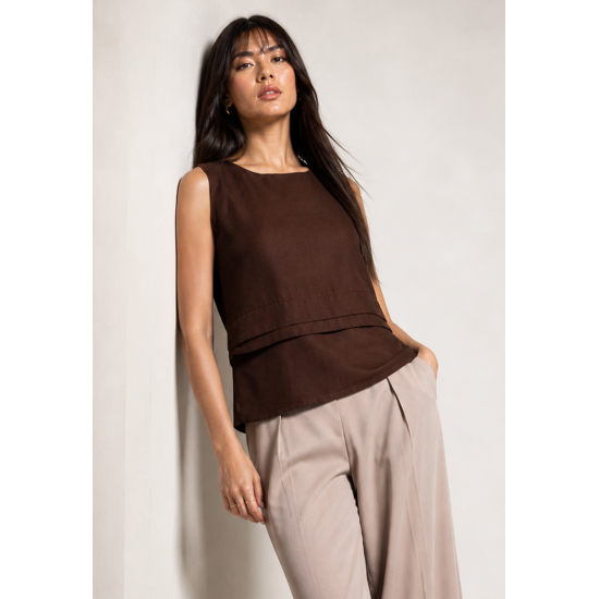 Blusa Regata Linho com Viscose Babado na Cintura Raffa Marrom
